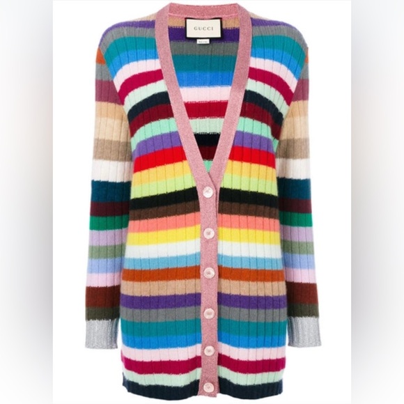 GUCCI Metallic-trimmed Striped Cashmere And Wool-blend Cardigan